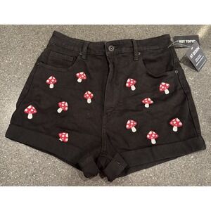 NEW Hot Topic‎ Embroidered Mushroom Black Mom Shorts Size 9